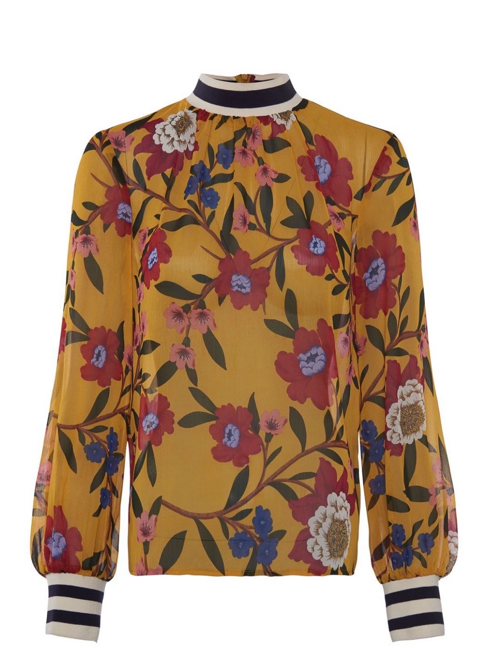 French Connection Mustard Yellow Floral Mock-Neck Blouse